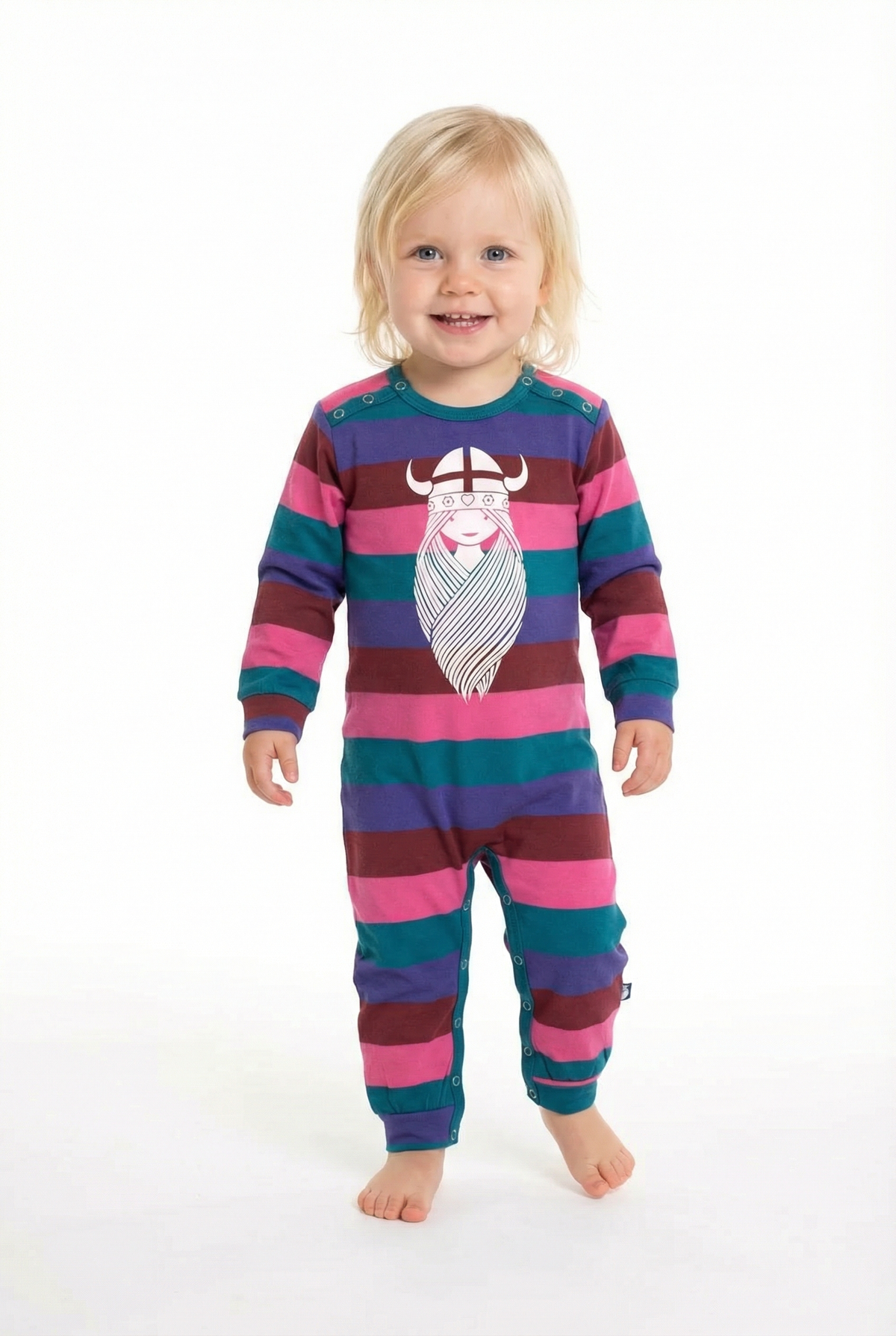 Stribet heldragt til baby med print af vikingen Freja