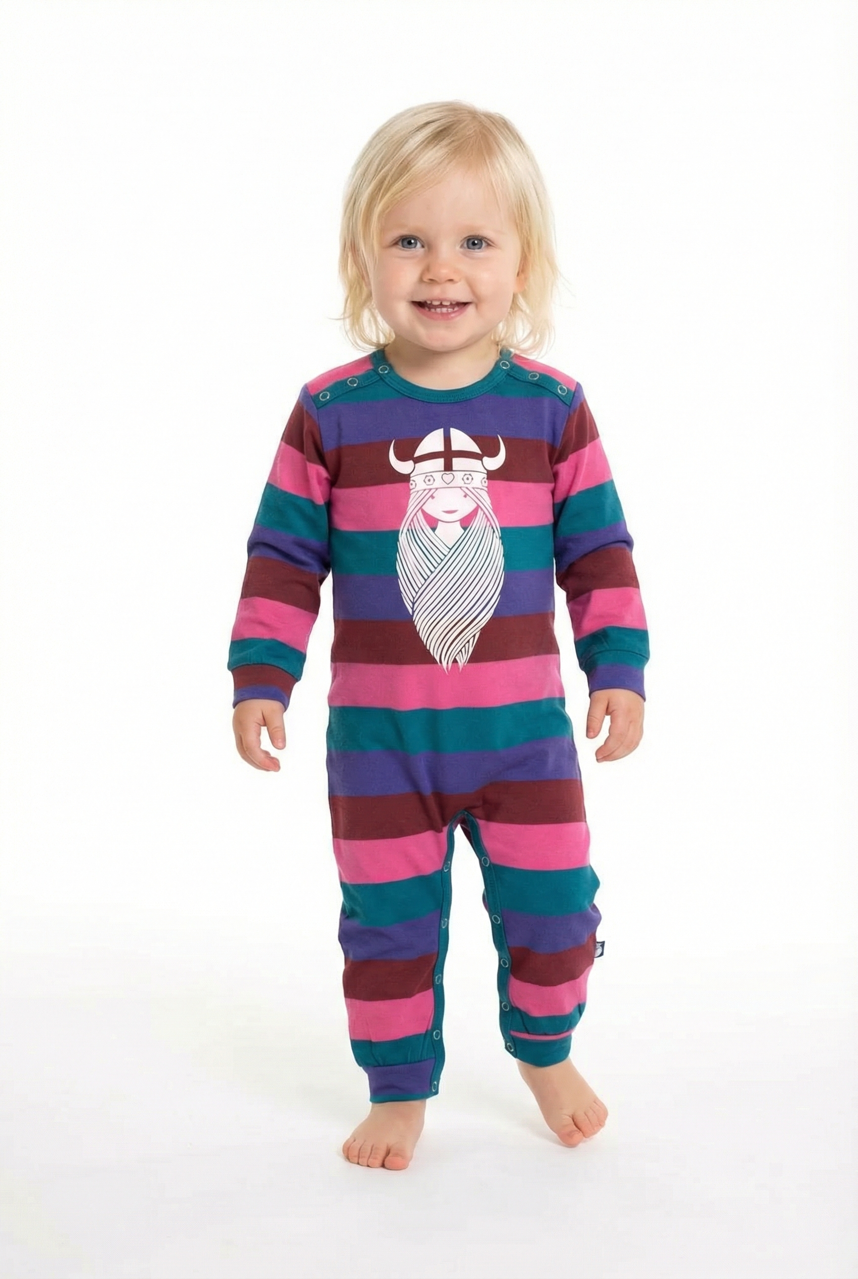 Stribet heldragt til baby med print af vikingen Freja
