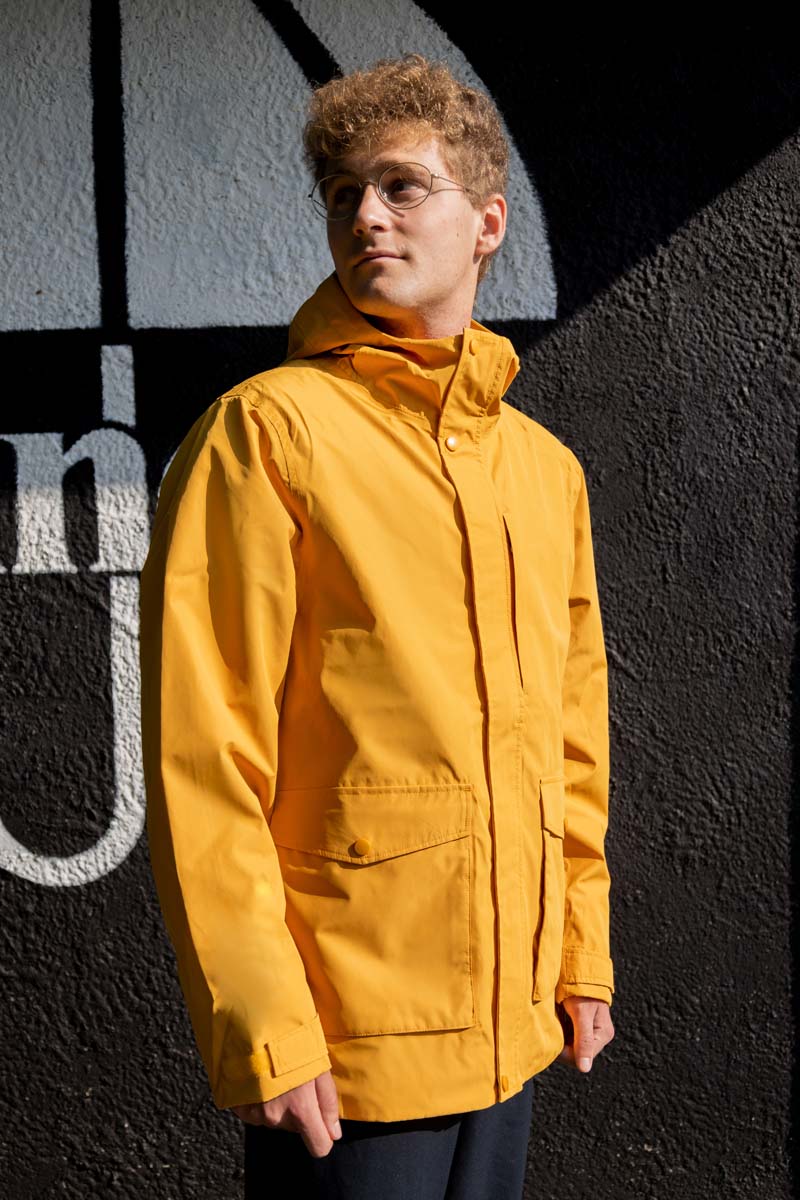 Dark yellow rain jacket on sale