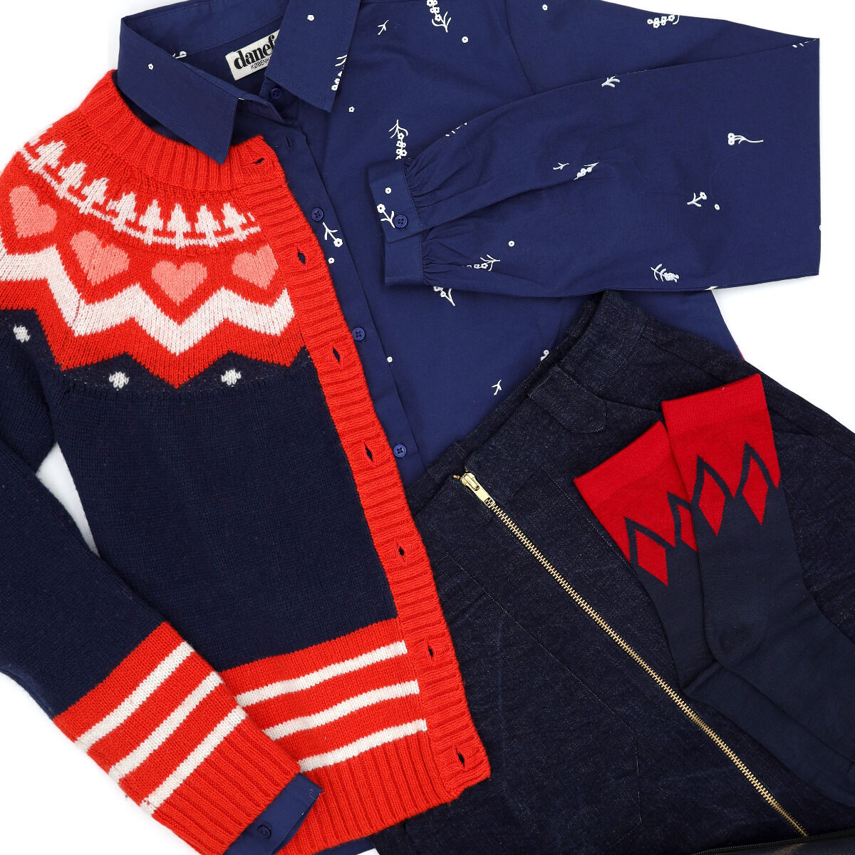 Dananja Wool Cardigan Navy/Bright Red/Chalk