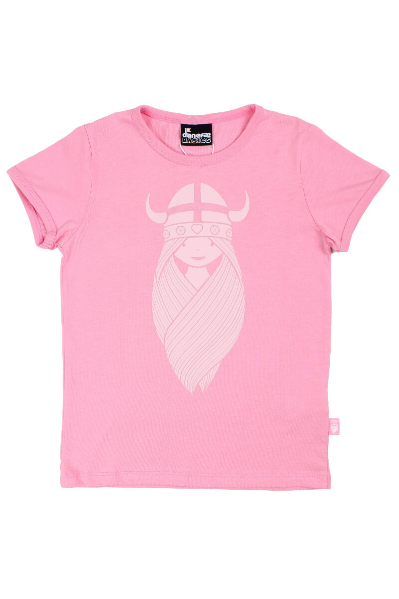 Sød rosa t-shirt i bomuld til børn med print af vikingen Freja