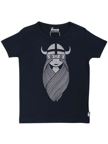 Sød navyblå t-shirt i bomuld til børn med glitterprint af vikingen Freja