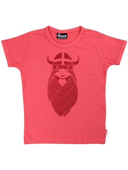 Sød koralfarvet t-shirt i bomuld til børn med print af vikingen Freja