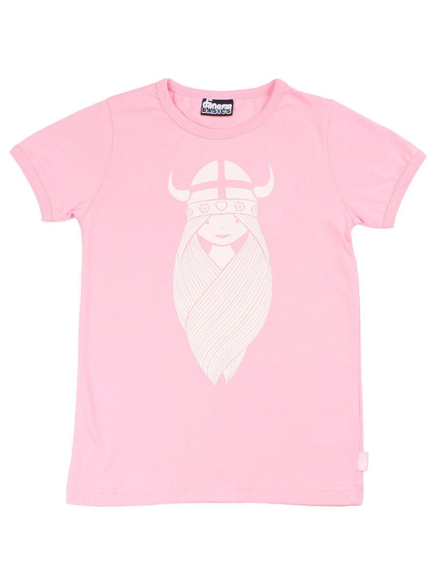 Sød lyserød t-shirt i bomuld til børn med print af vikingen Freja