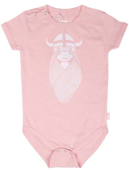 Sød lyserød bodystocking i bomuld med print af viking til baby