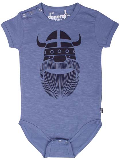 Sød støvet blå bodystocking i bomuld med print af viking til baby