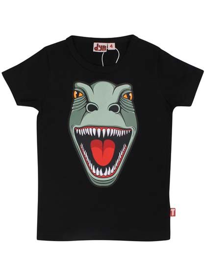 Sort t-shirt til børn med print af en sej t-rex