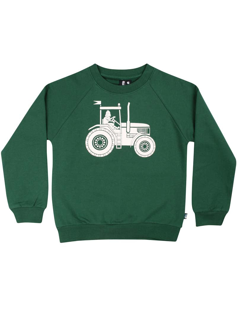 Sød mørkegrøn sweatshirt til børn med print af viking på traktor