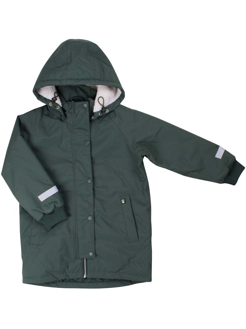 Vandtæt mørkegrøn vinterjakke med refleksprint af viking til børn