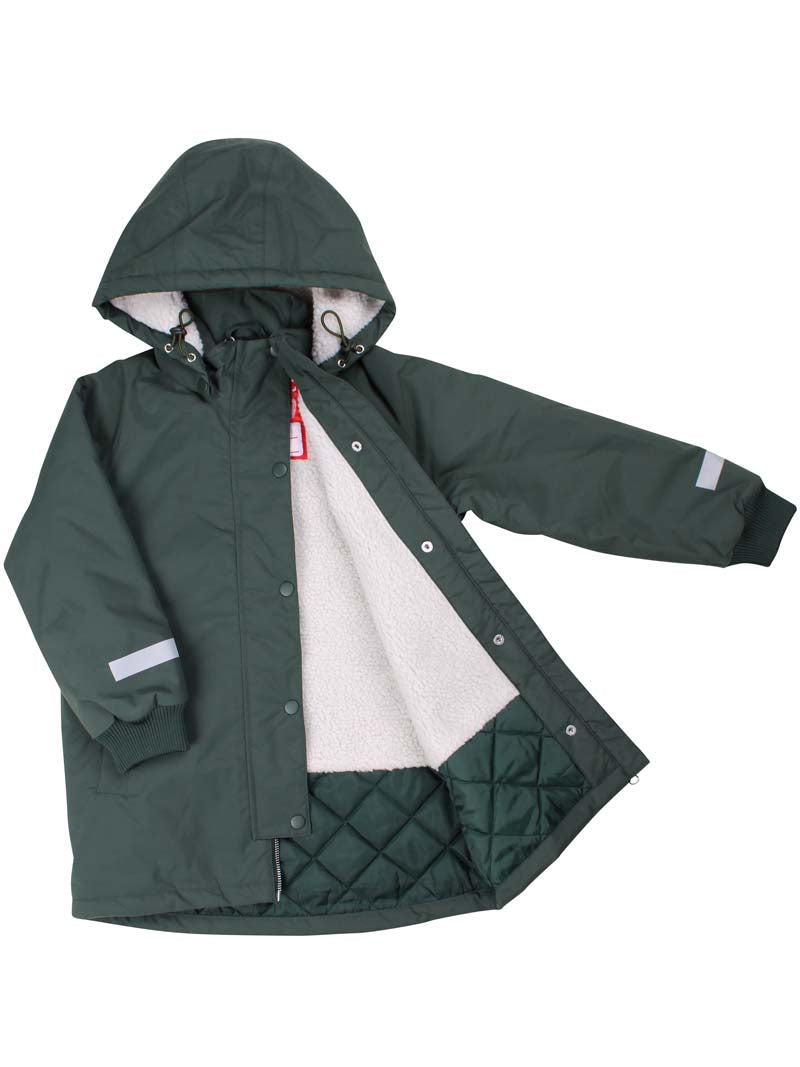 Vandtæt mørkegrøn vinterjakke med refleksprint af viking til børn