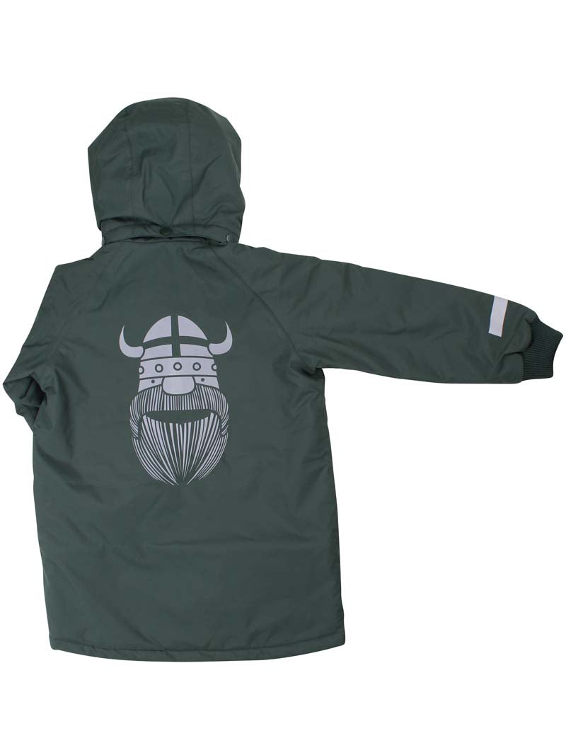 Vandtæt mørkegrøn vinterjakke med refleksprint af viking til børn