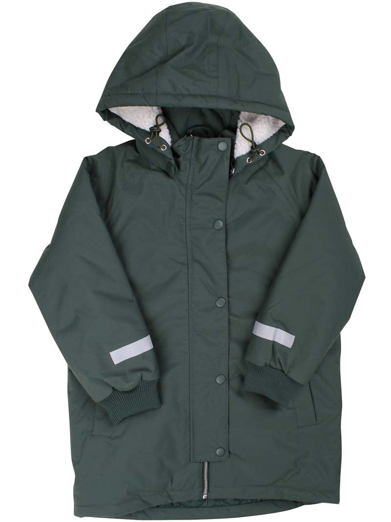 Vandtæt mørkegrøn vinterjakke med refleksprint af viking til børn