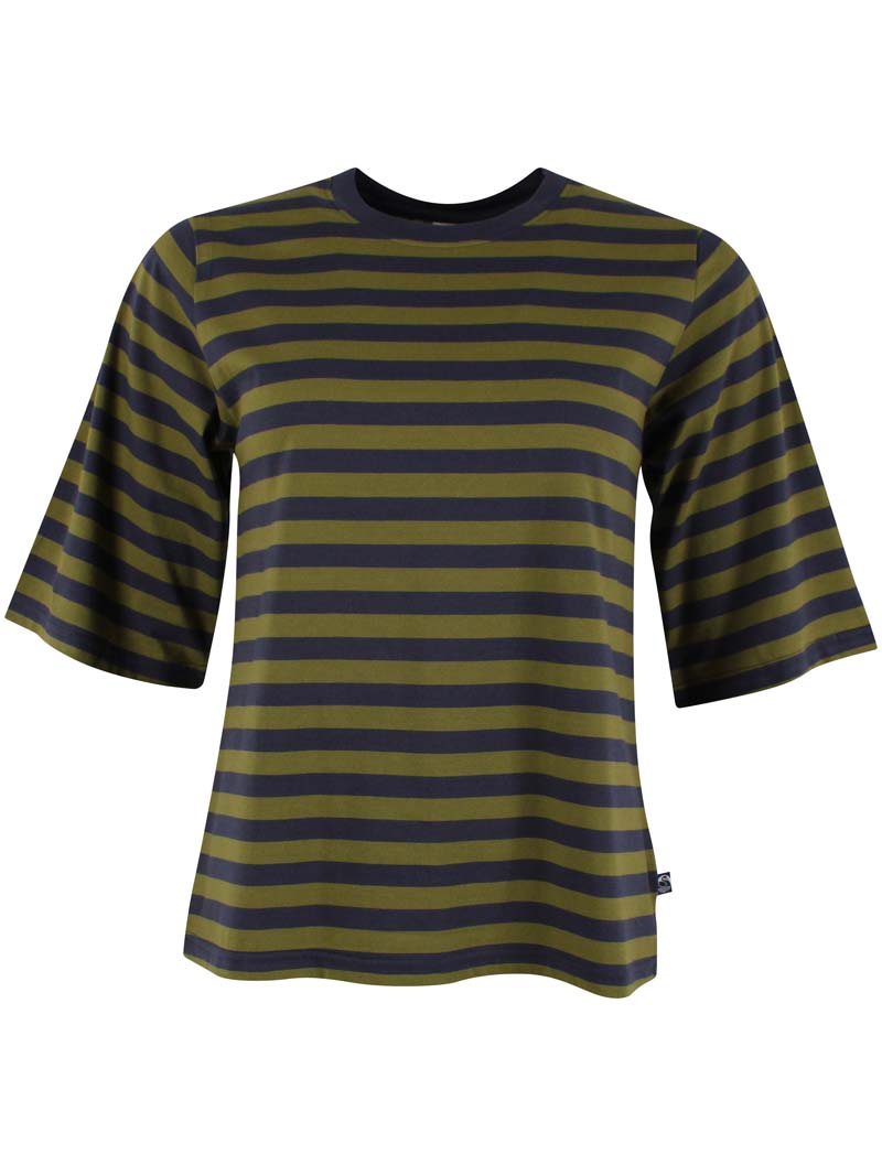 T-shirt i bomuld med navyblå og olivengrønne striber til kvinder