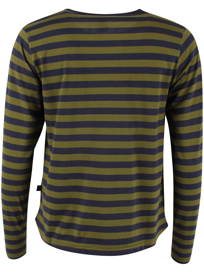 Langærmet bluse med navyblå og olivengrønne striber i bomuld til kvinder