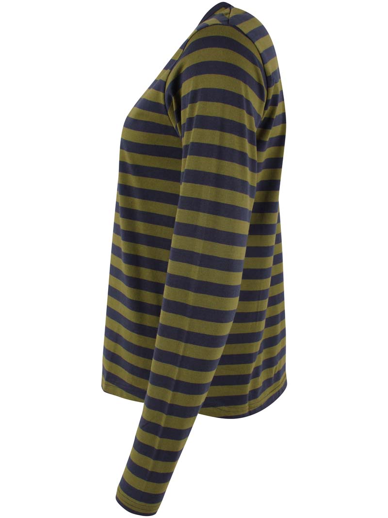Langærmet bluse med navyblå og olivengrønne striber i bomuld til kvinder