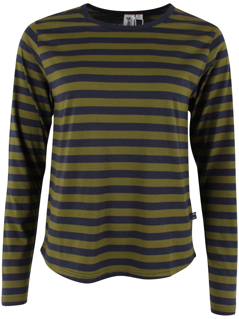 Langærmet bluse med navyblå og olivengrønne striber i bomuld til kvinder