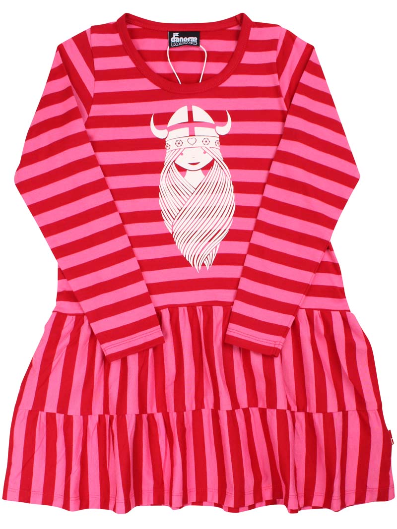 Sød langærmet kjole med pink og røde striber og print af vikingen Freja til børn