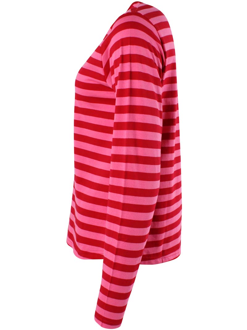 Langærmet bluse i bomuld med pink og røde striber til kvinder