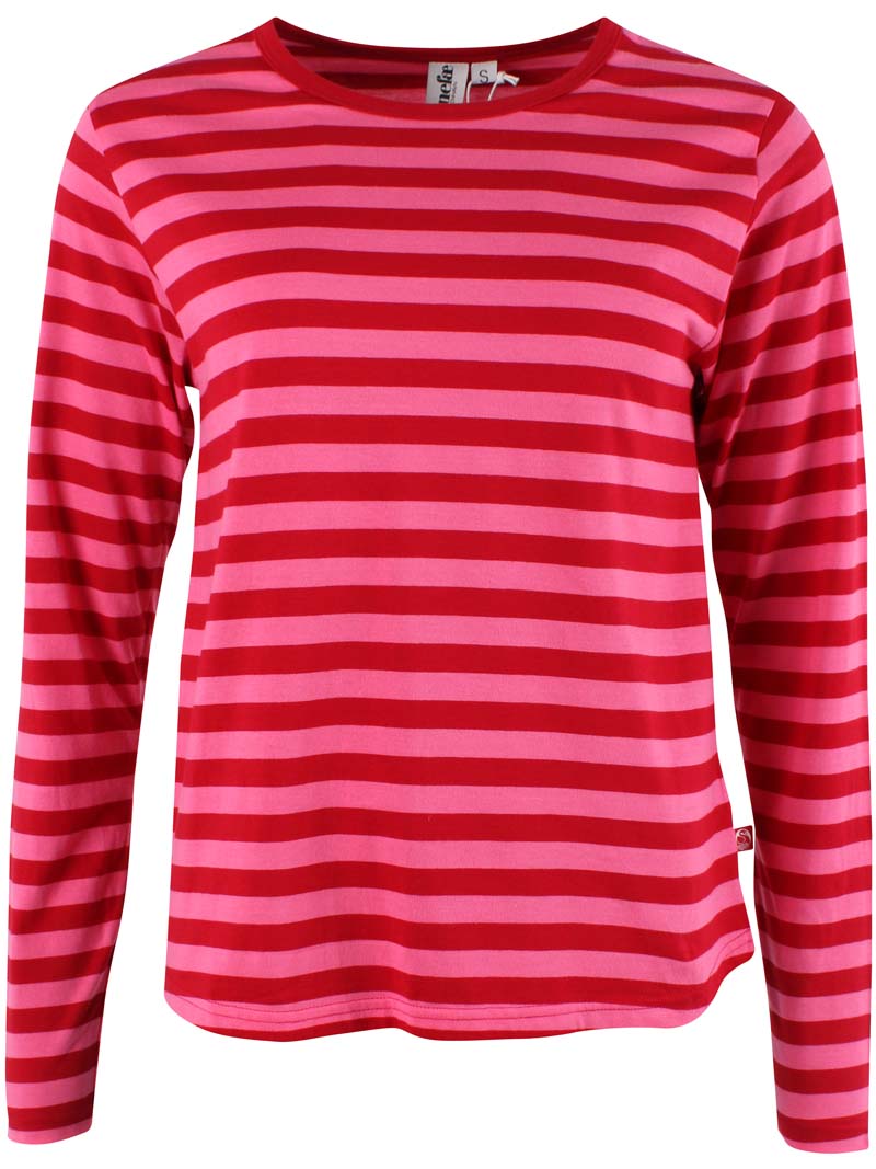 Langærmet bluse i bomuld med pink og røde striber til kvinder