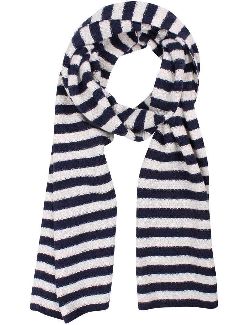 Klassisk tørklæde med navyblå og beige striber i blød uldblanding