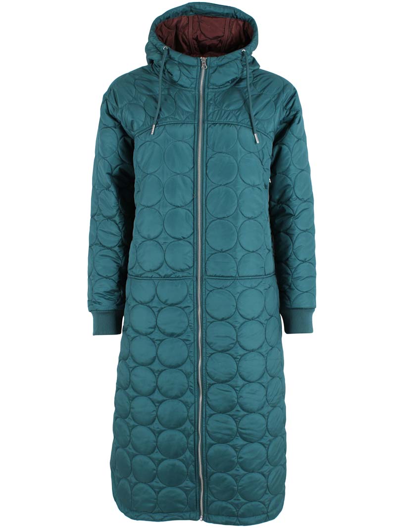 Lang quiltet termojakke i blågrøn nuance til kvinder