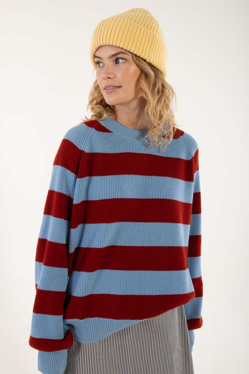 Danerelation Chunky Wool Sweater Dk Brick/Lt Blue Grey