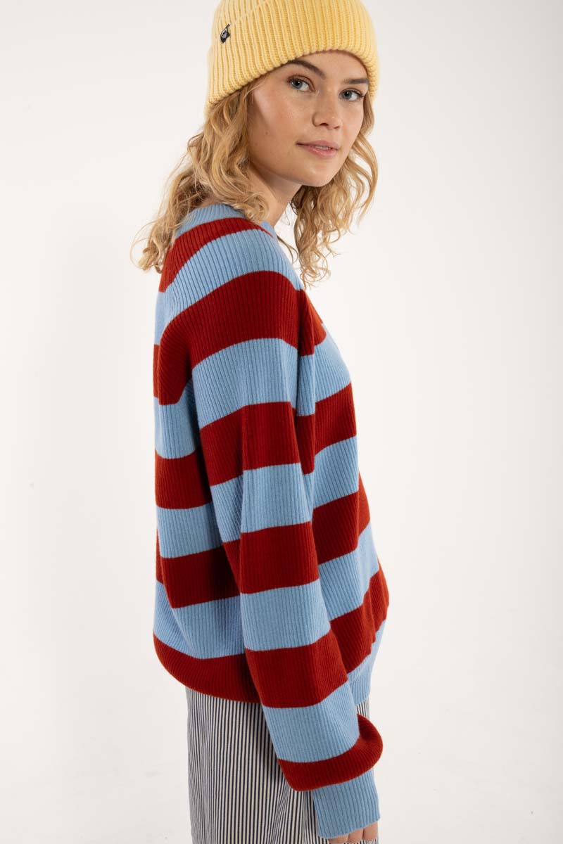 Danerelation Chunky Wool Sweater Dk Brick/Lt Blue Grey