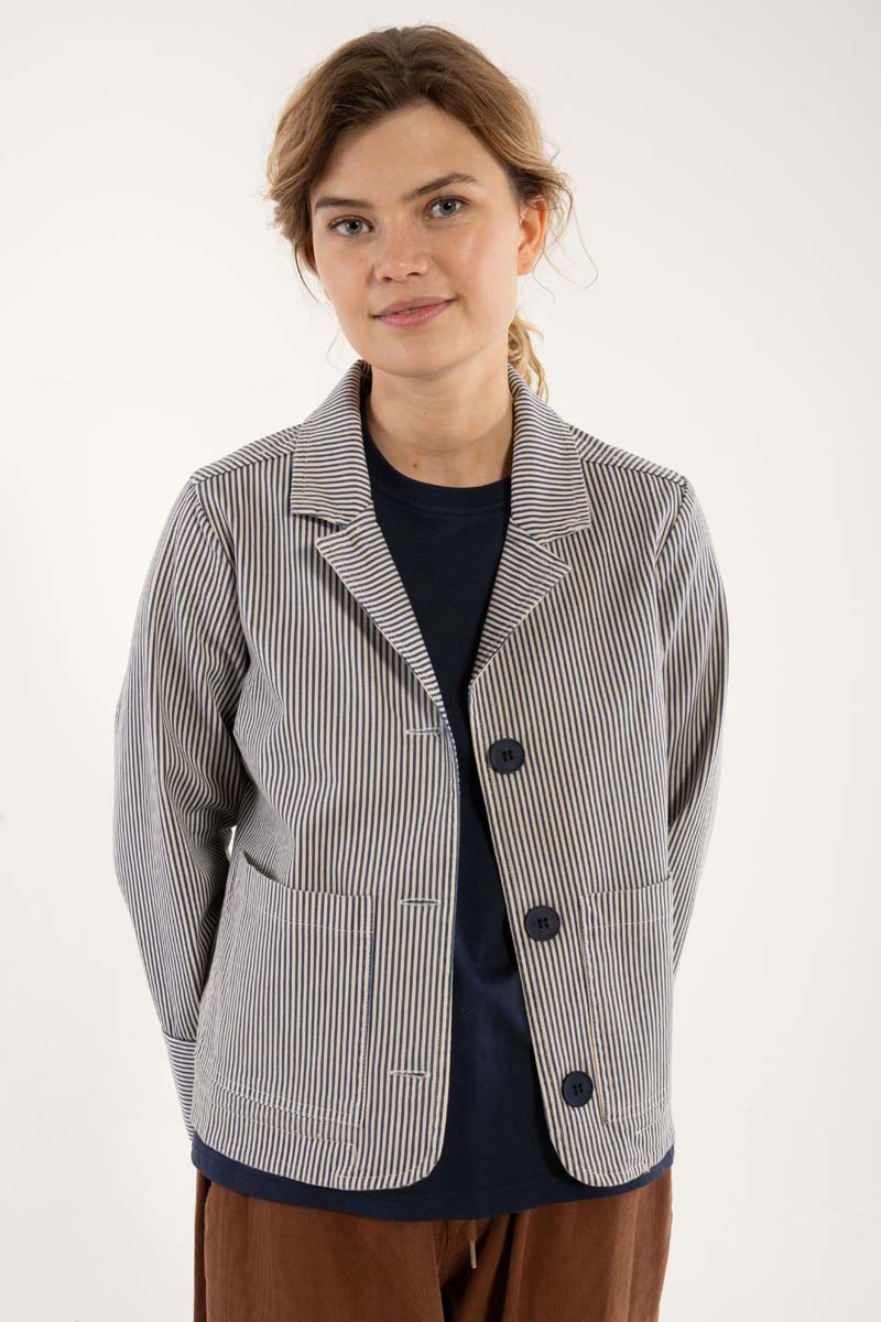 Fin canvasblazer med navyblå og hvide striber til kvinder