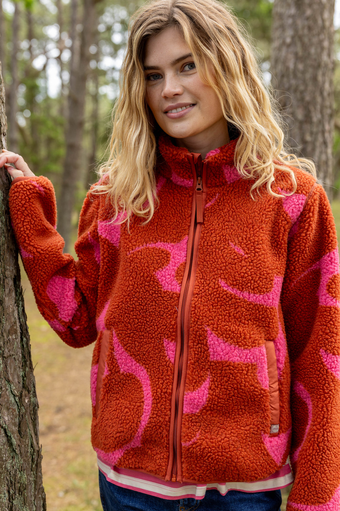 Lækker fleecejakke i lyserød og brændt rød til kvinder-1