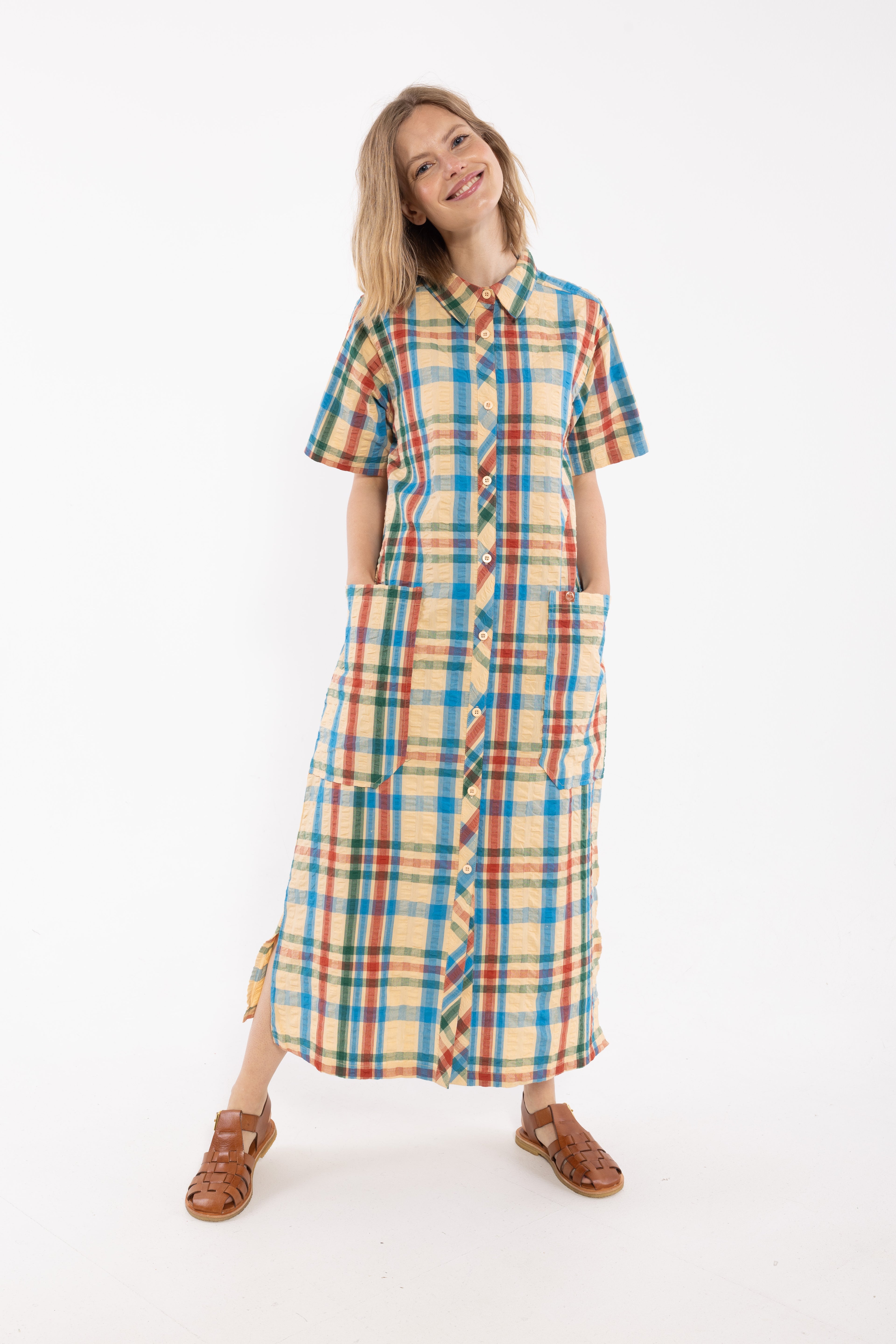 Smart bæk og bølge skjortekjole i ternet mønster