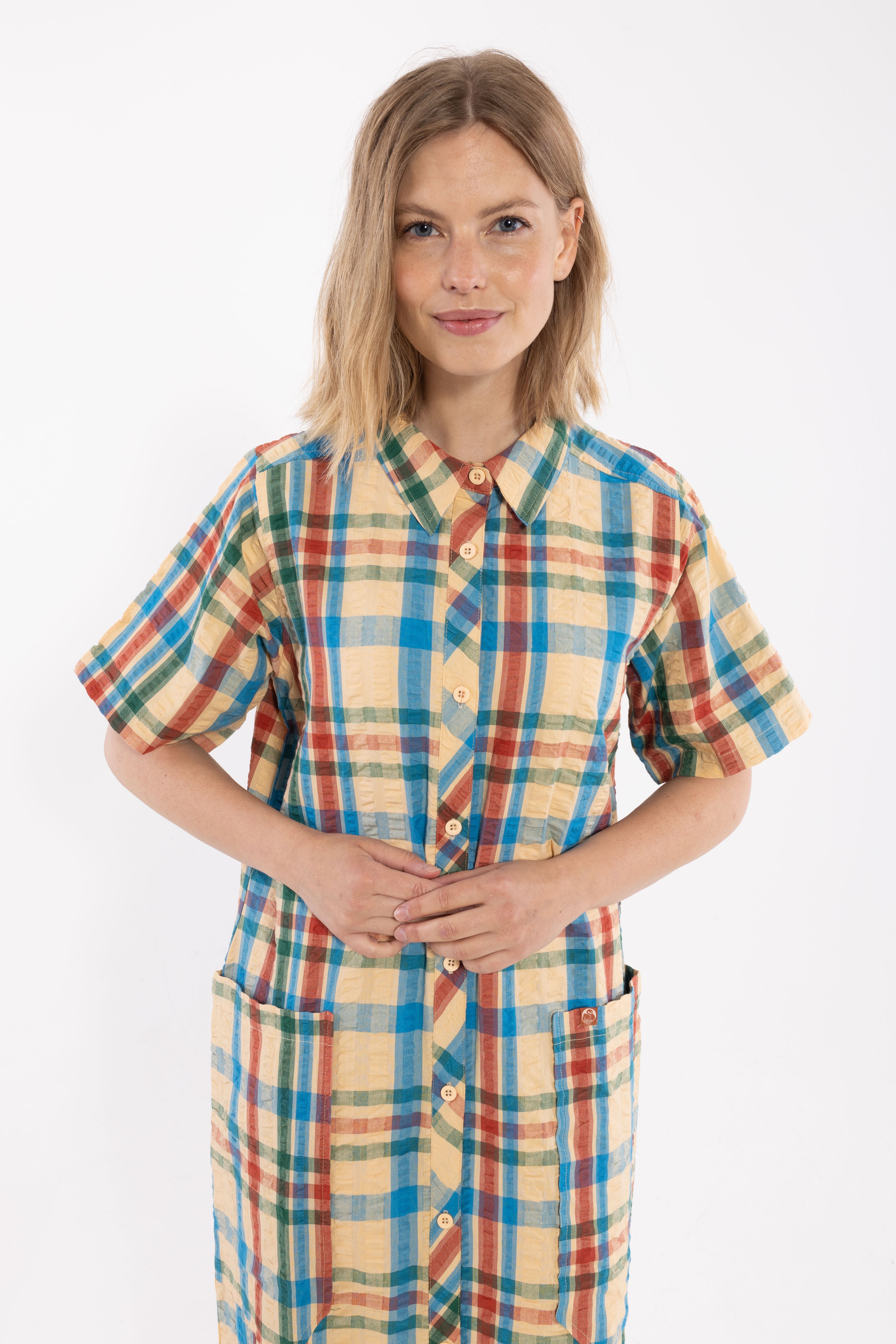 Smart bæk og bølge skjortekjole i ternet mønster