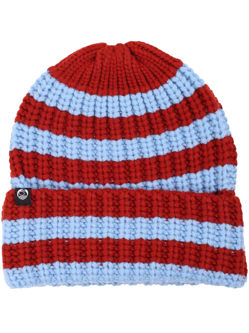 Merinould hue til damer med røde og gråblå smalle striber.