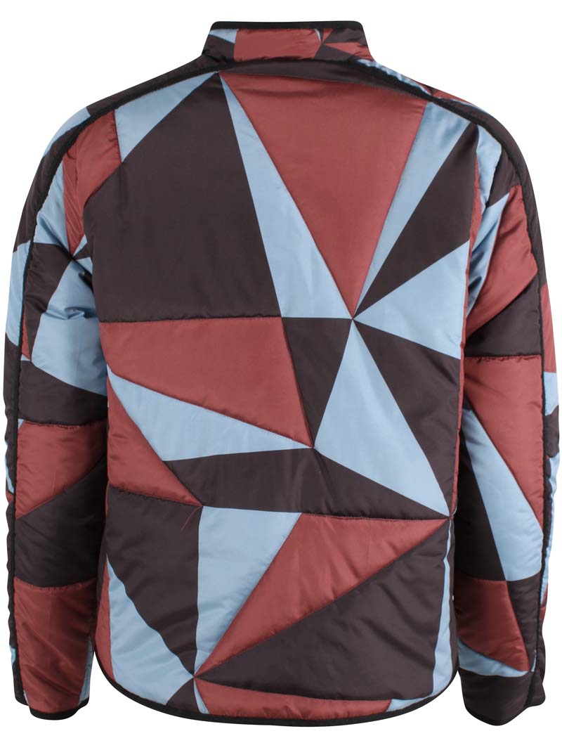 Fin quiltet termojakke med geometrisk mønster i blå, sort og rød til kvinder