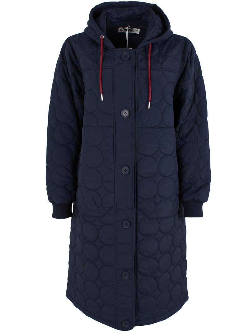 Lang quiltet termofrakke i navyblå til kvinder