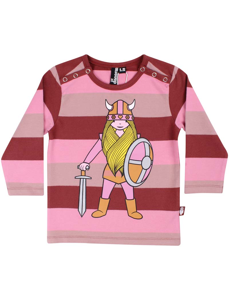 Bluse med lyserøde og røde striber til baby med vikingen Freja