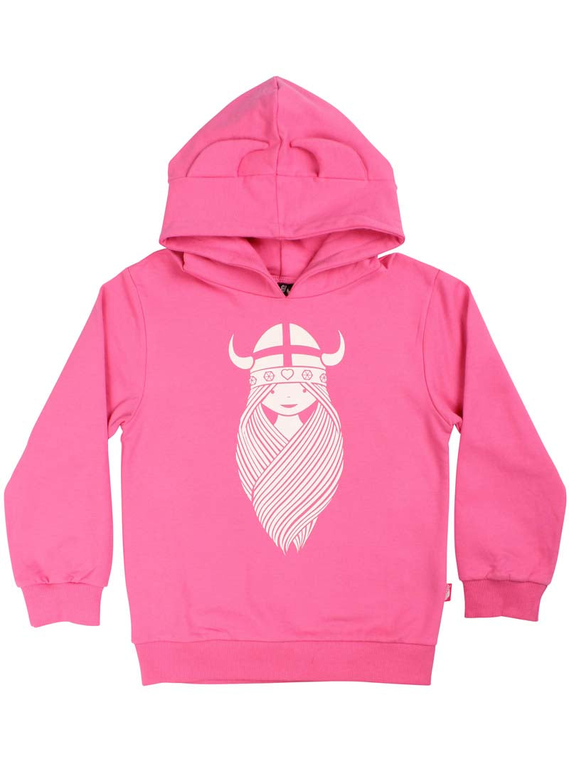 Pink hættetrøje til børn med print af vikingen Freja