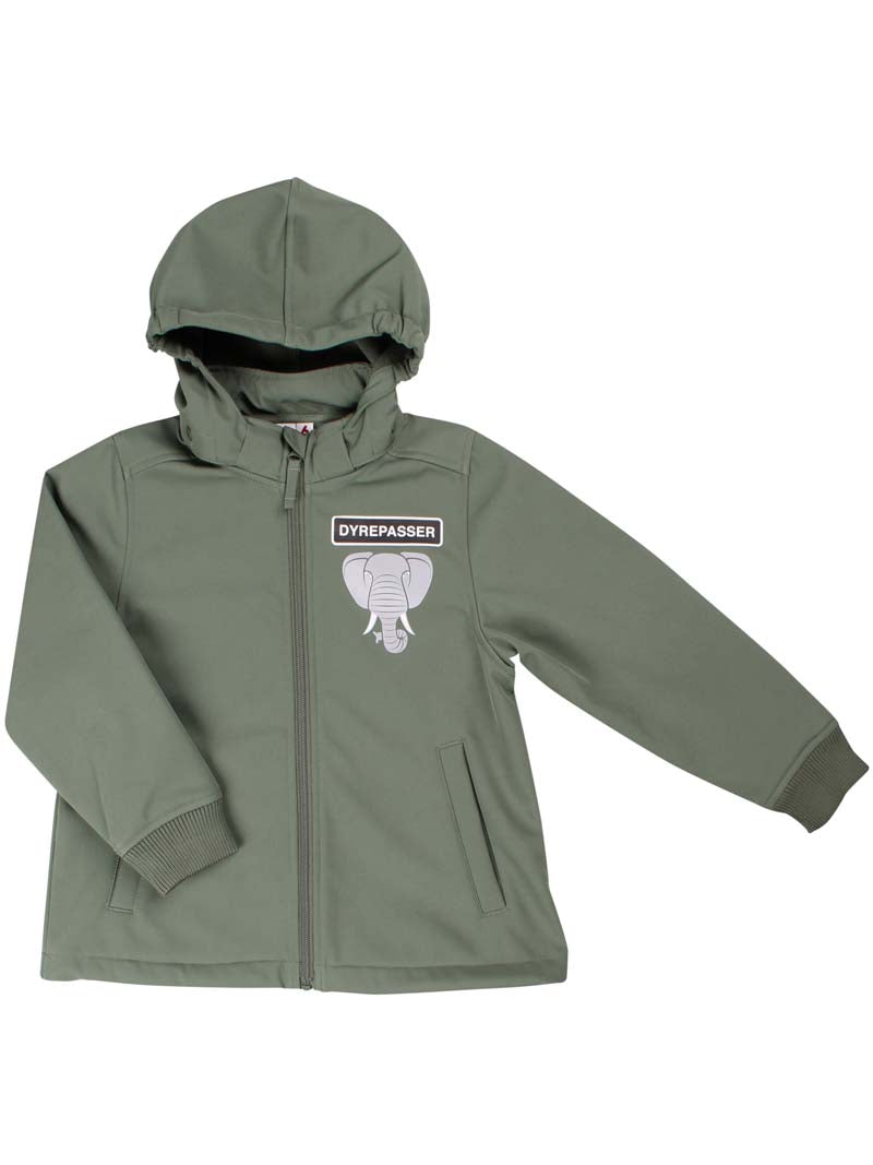Softshell jakke til børn i flot khakigrøn med print af elefant på ryggen