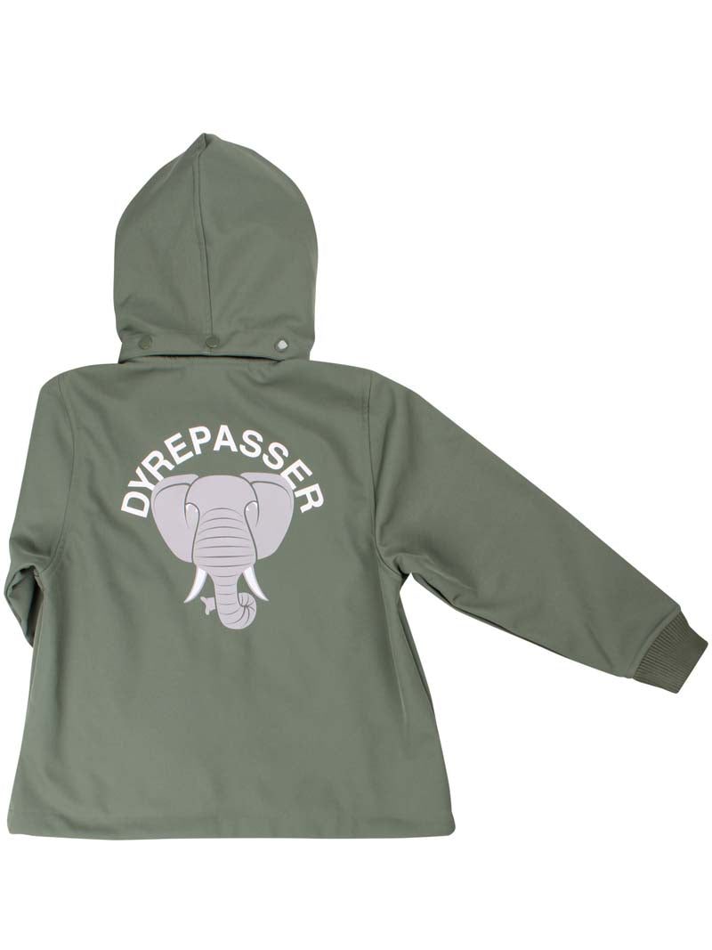 Softshell jakke til børn i flot khakigrøn med print af elefant på ryggen