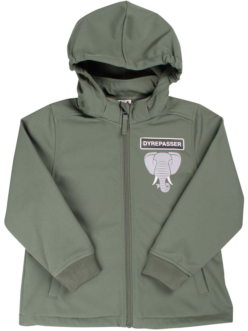 Softshell jakke til børn i flot khakigrøn med print af elefant på ryggen