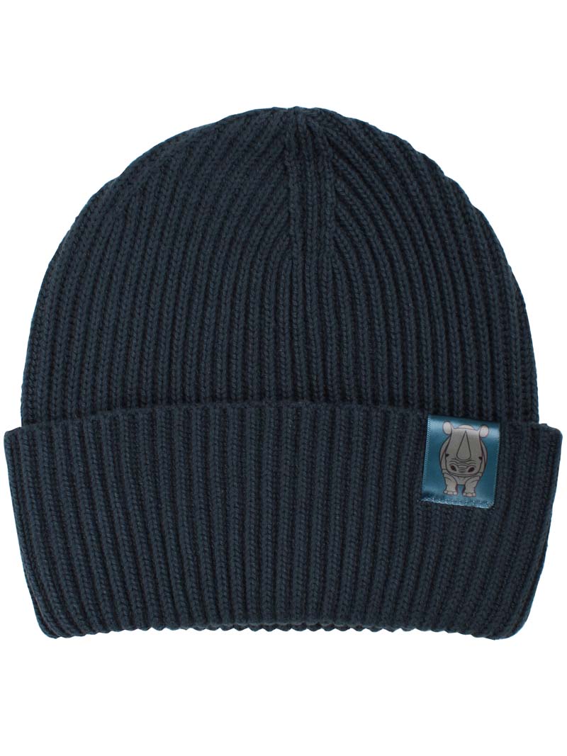 Sød mørkegrøn hue til børn med lille logo af et næsehorn