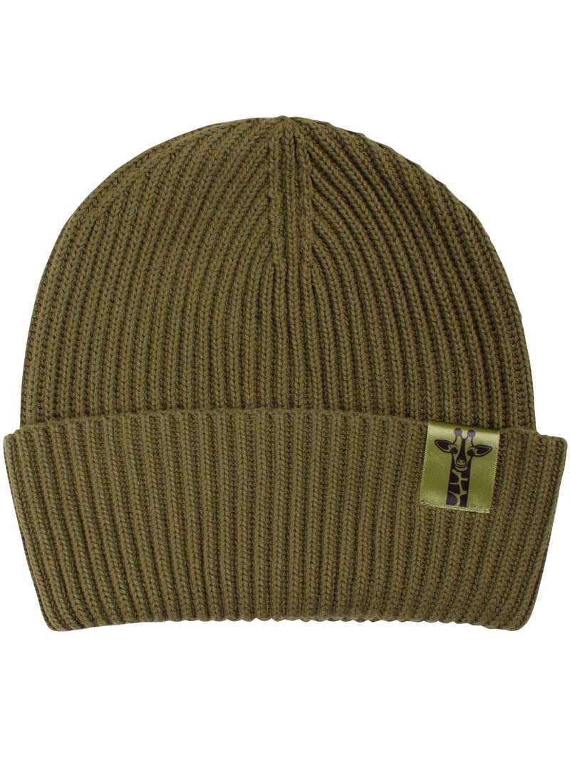 Sød olivengrøn hue til børn med lille logo af giraf