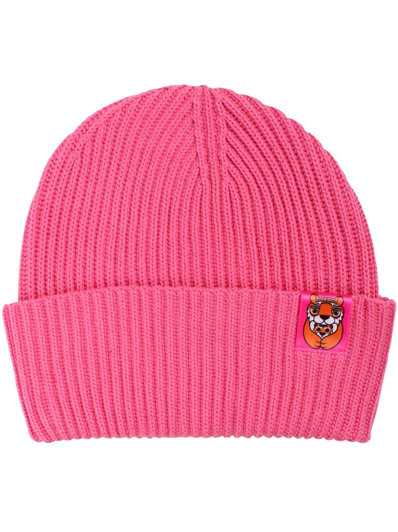 Sød og varm hue til børn i spicy pink med logo af tigermor og unge