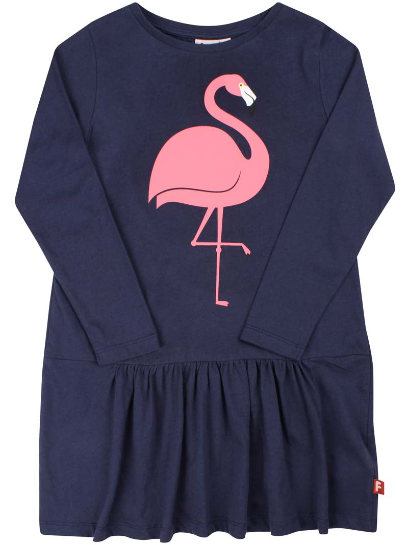 Sød mørkeblå kjole til børn med print af flamingo