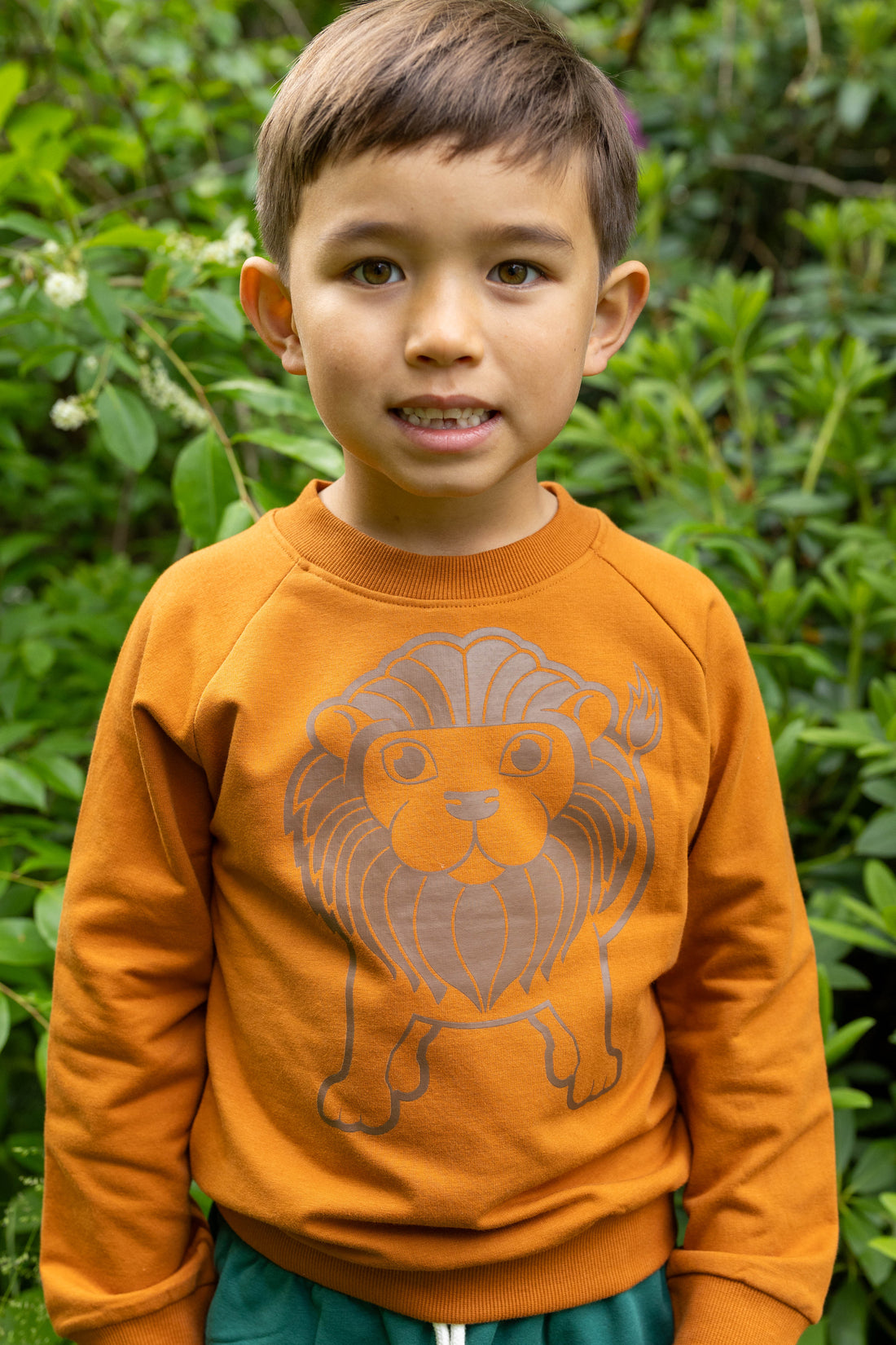 Skøn gulbrun sweatshirt til børn med print af stor løve