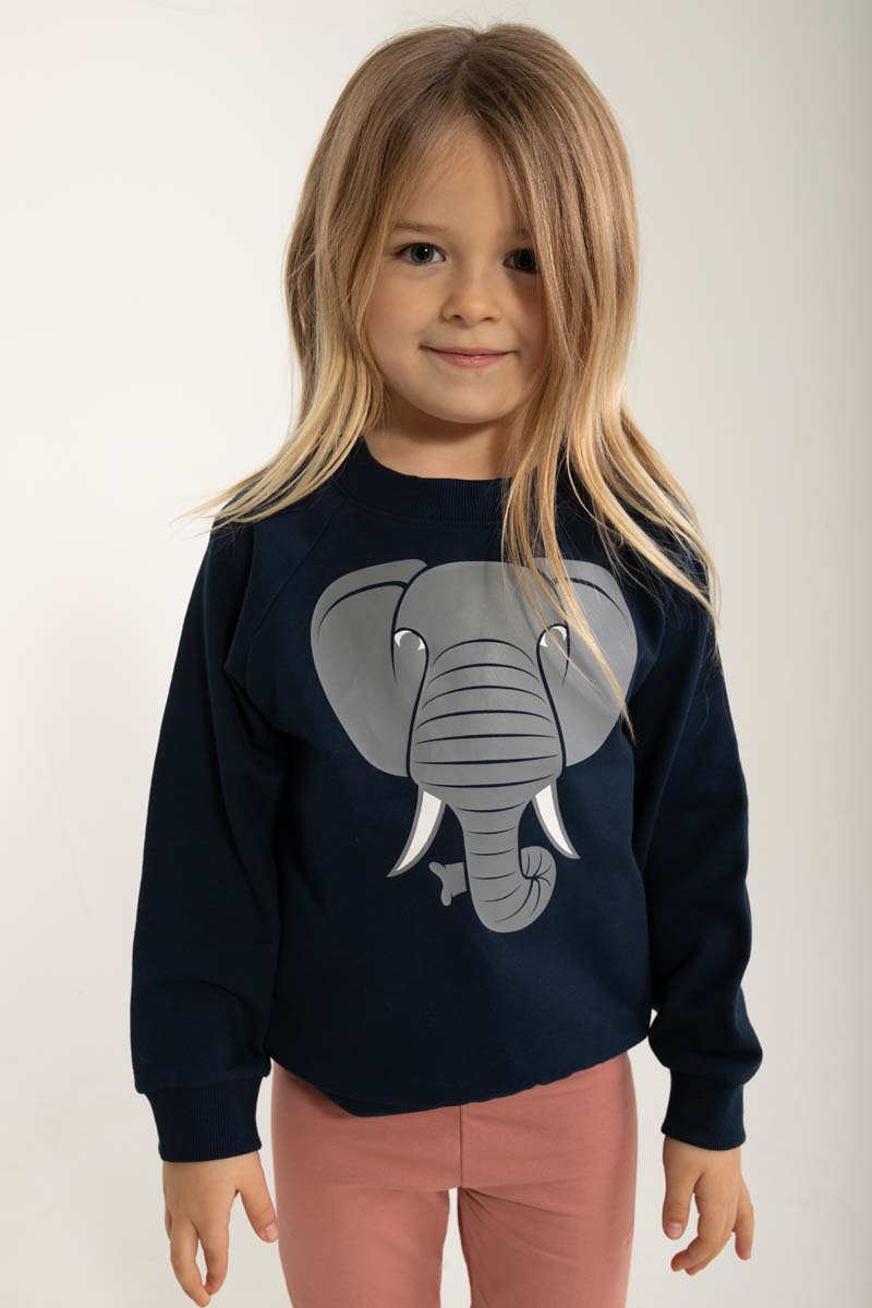 Sød navyblå sweatshirt til børn med print af elefant