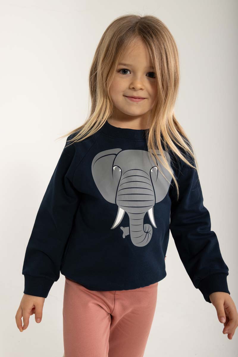 Sød navyblå sweatshirt til børn med print af elefant