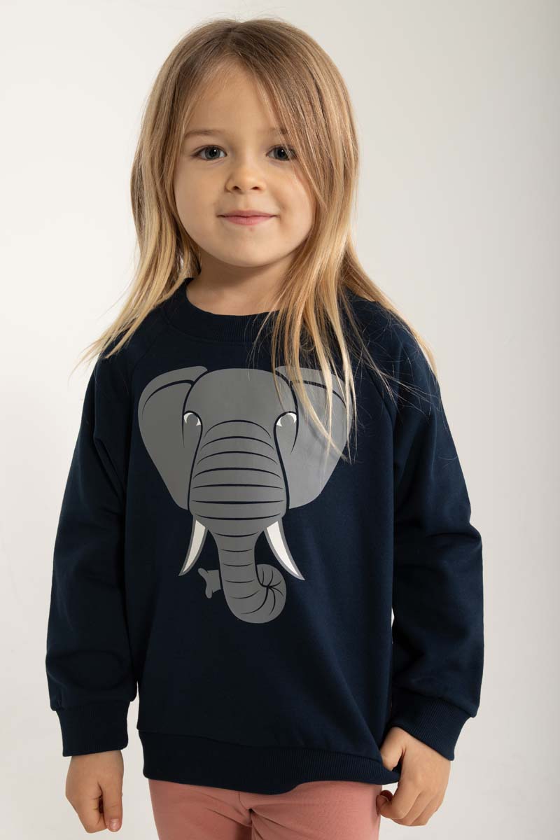 Sød navyblå sweatshirt til børn med print af elefant