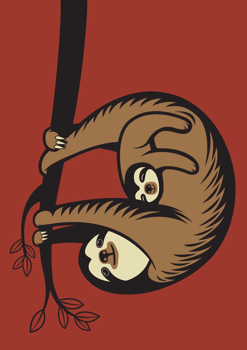 Sødt postkort med motiv af dovendyrmor og unge