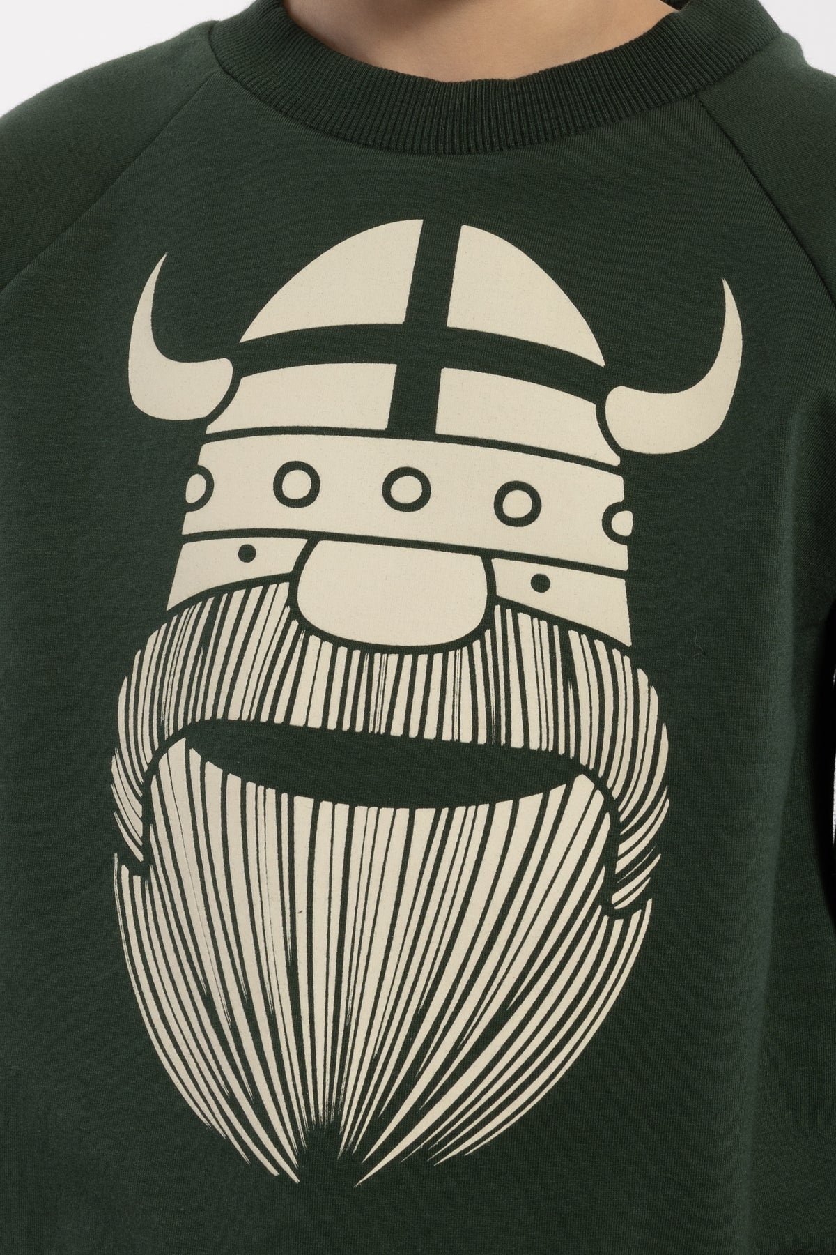 Sød mørkegrøn sweatshirt til børn med print af viking
