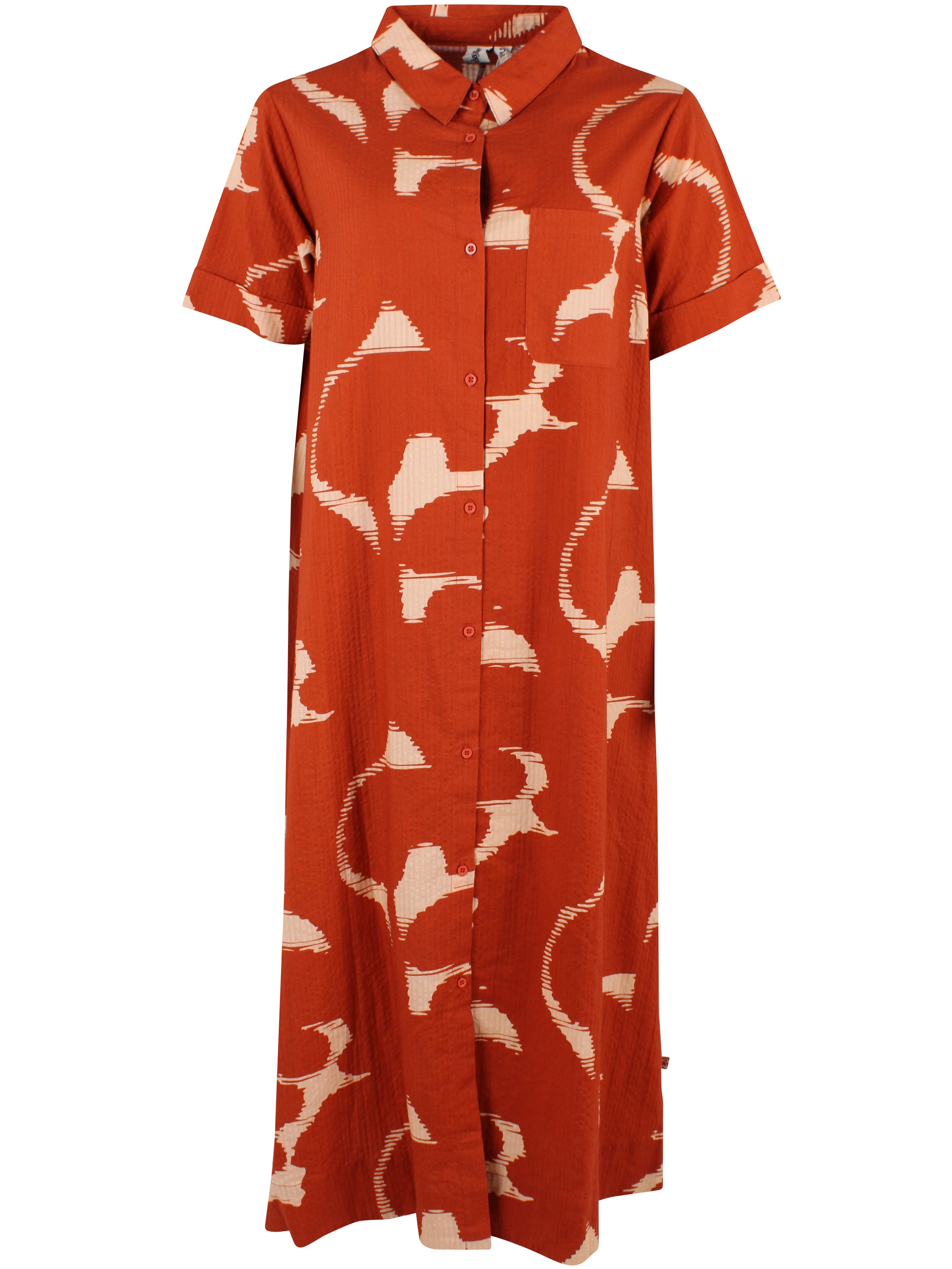 Fin bæk og bølge skjortekjole i orangebrunt og sandfarvet mønster til kvinder